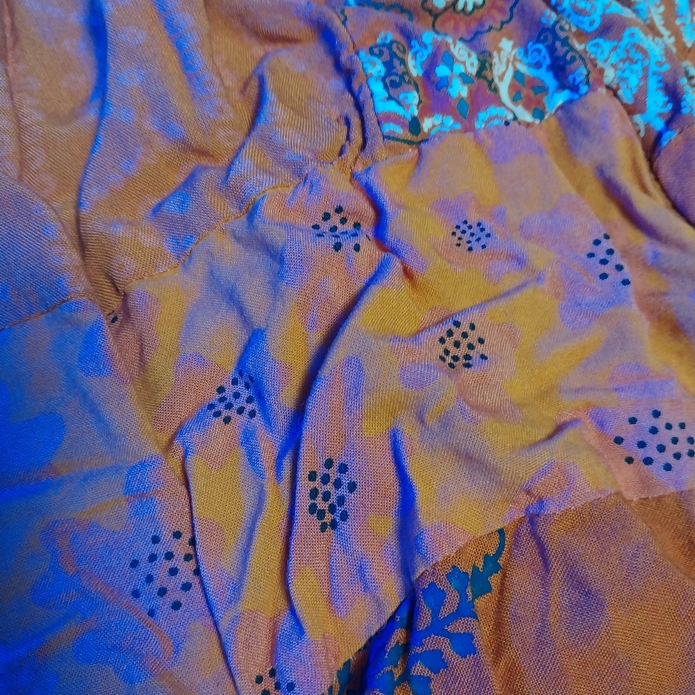 Orange patchwork rayon sari elastic waist shorts